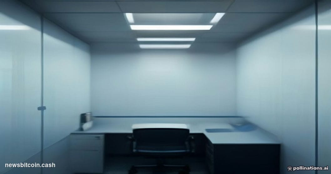 Cinematic photorealistic editorial photograph of a sleek corporate office corridor bathed in cold blue-white fluorescent over