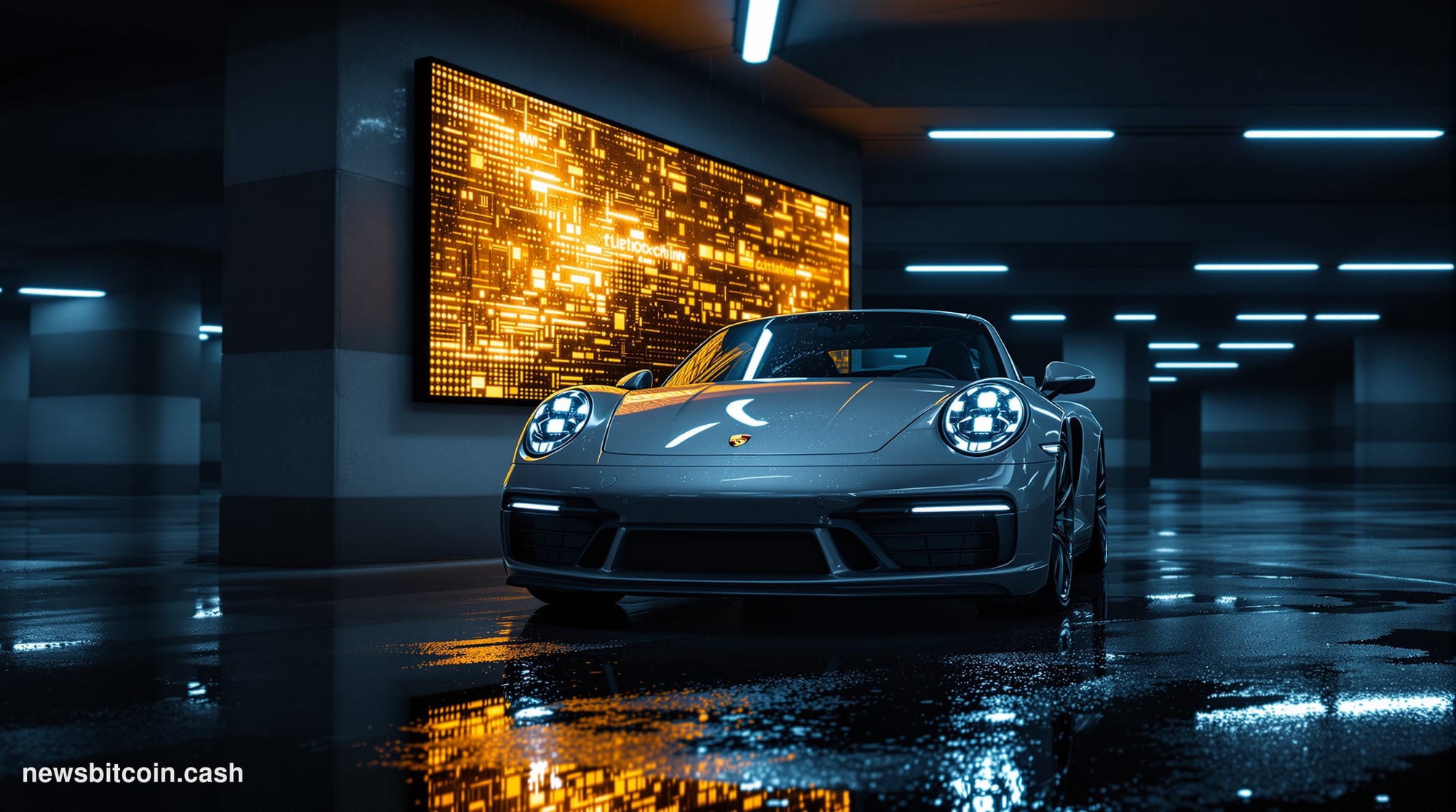 A gleaming silver Porsche 911 parked in a dimly lit, rain-slicked underground garage with a large digital display screen moun