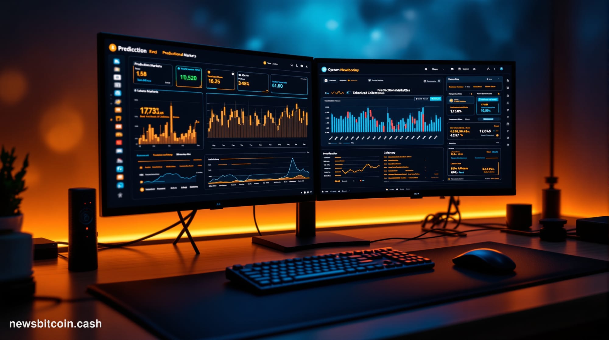 Cinematic photorealistic editorial photograph of a financial trading floor environment, dramatically lit from above with warm