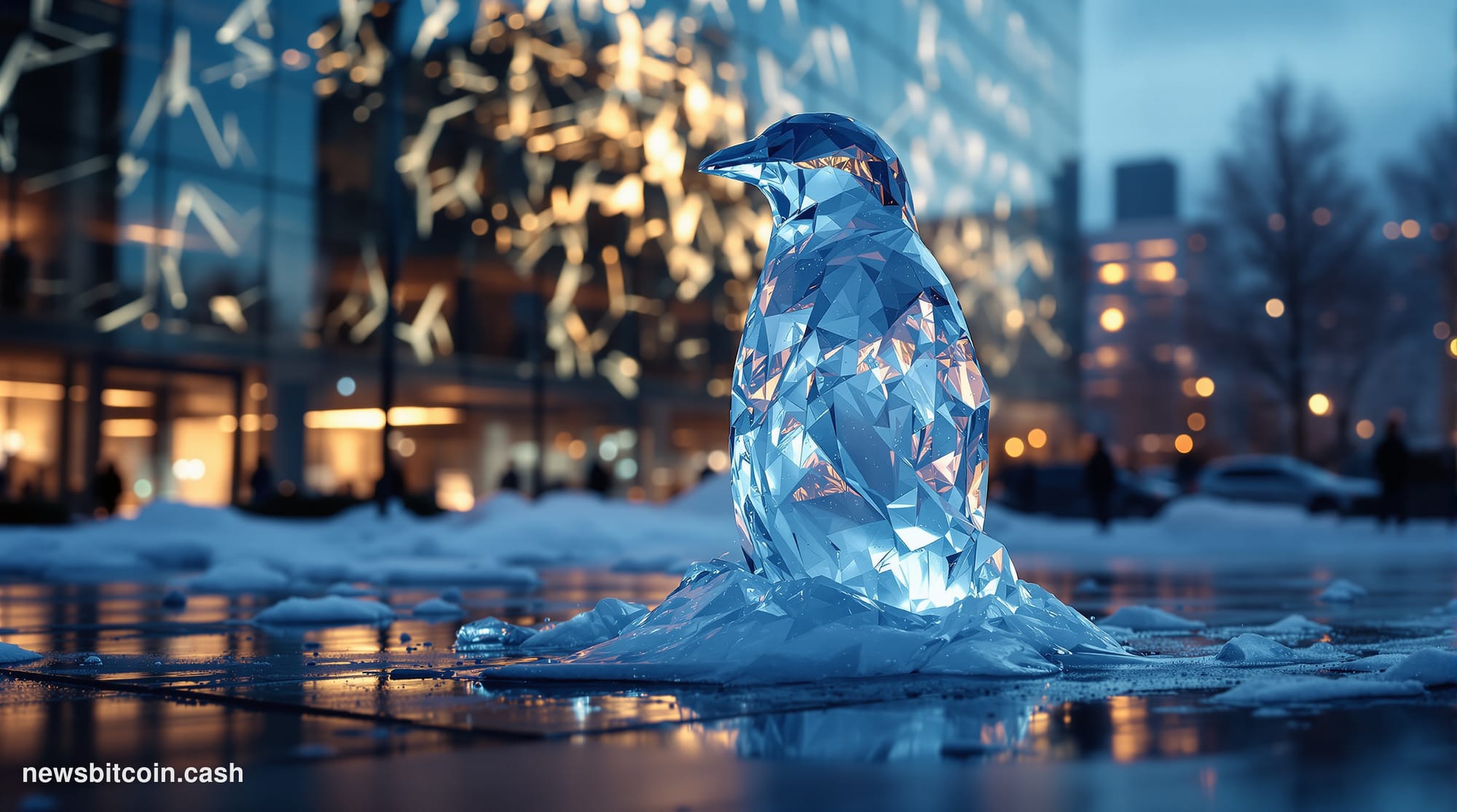 A cinematic photorealistic editorial photograph shot from a low angle looking up at a melting ice sculpture shaped like a pen