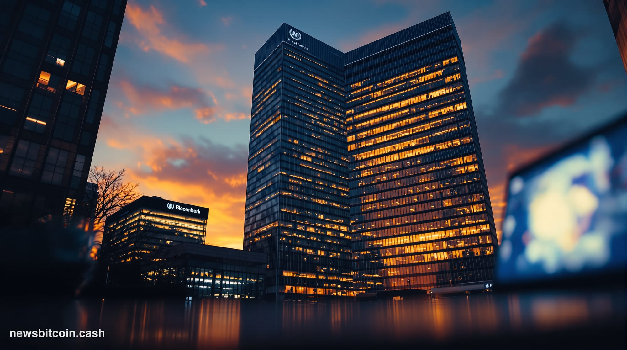 A cinematic photorealistic editorial photograph of the United Nations Headquarters building in New York City, shot from a low