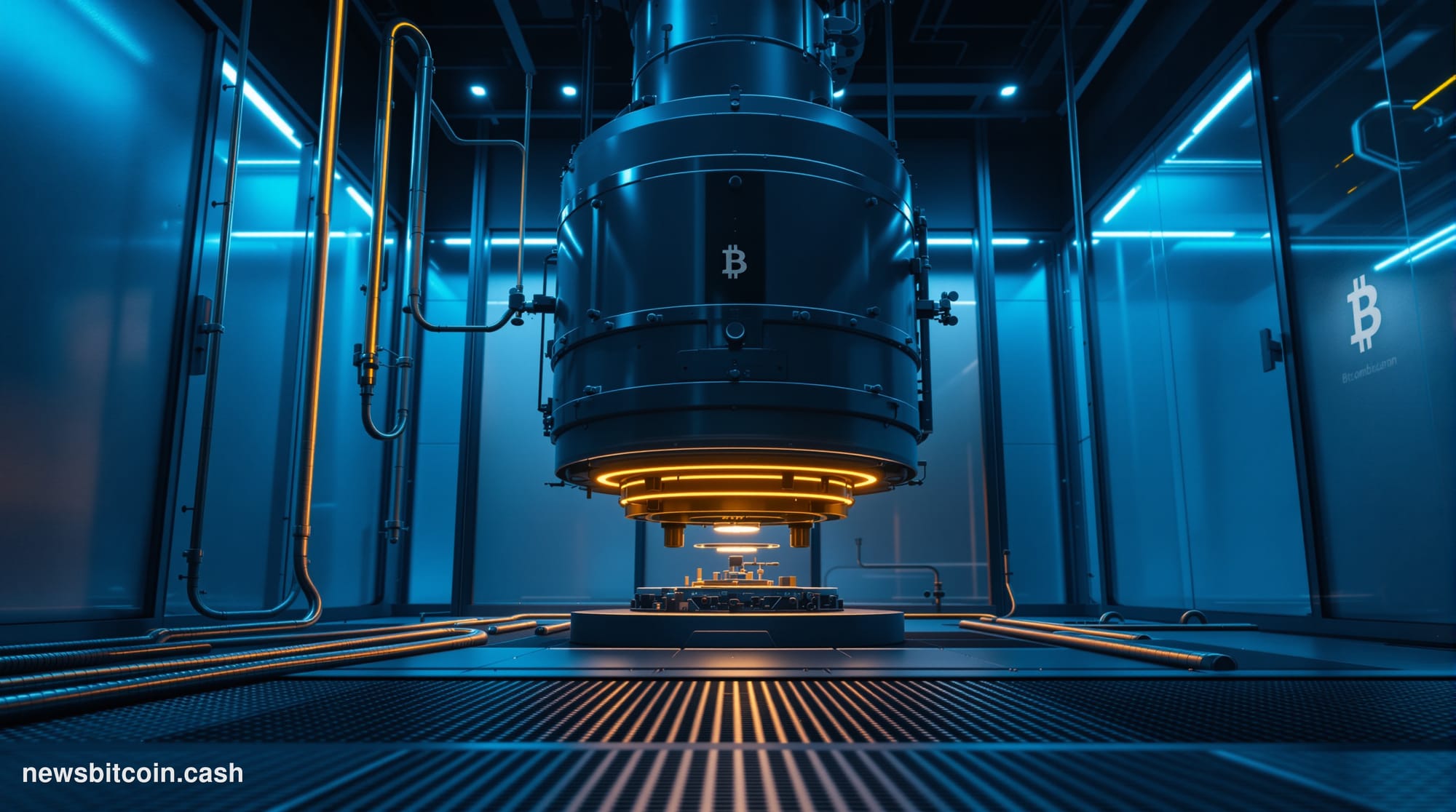 A cinematic photorealistic editorial photograph set inside a cutting-edge quantum research laboratory, dramatically underlit 