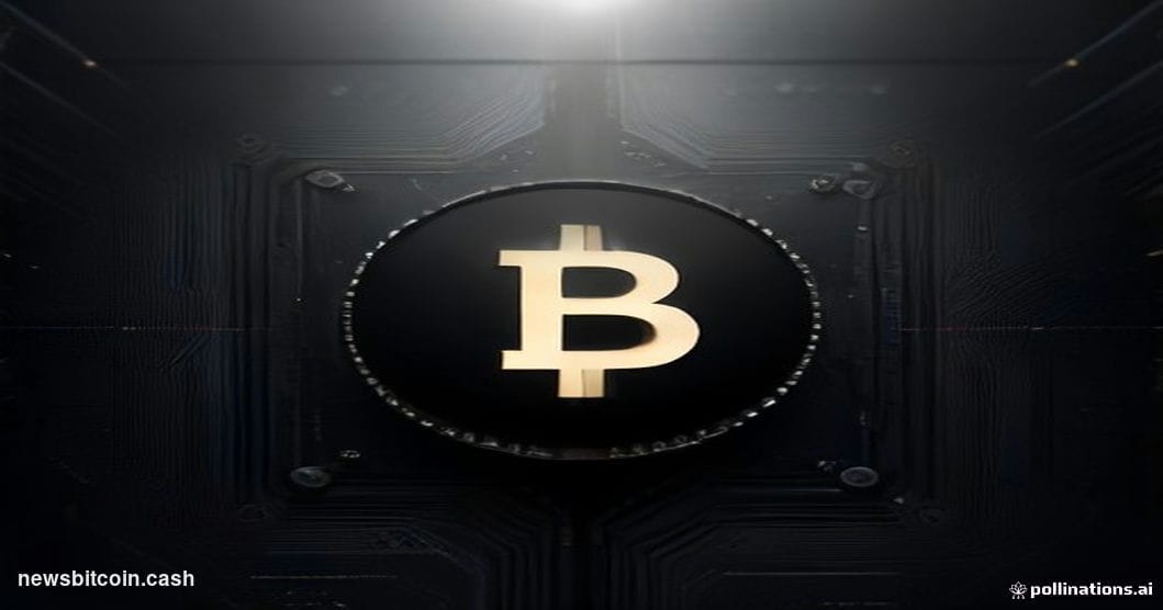 Cinematic photorealistic editorial photograph of a gleaming Bitcoin symbol etched into a dark quantum computer processor chip