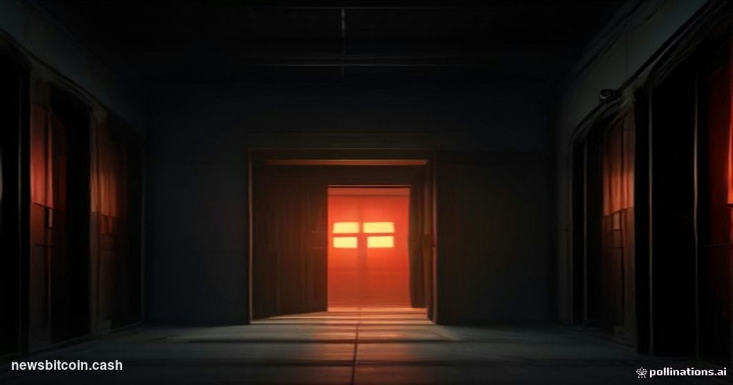 Cinematic photorealistic editorial photograph of a digital vault door cracked open in a darkened server room, with amber emer