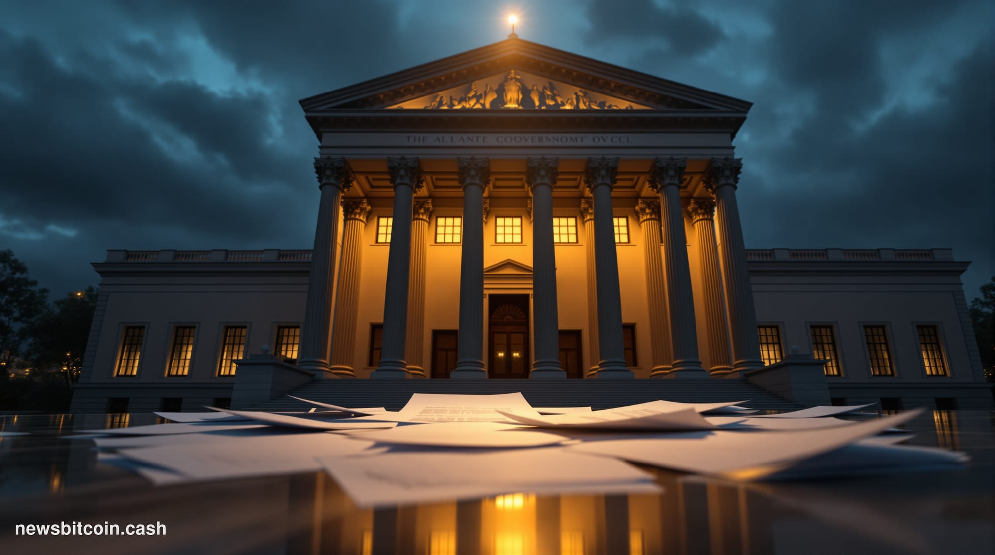 A cinematic photorealistic editorial photograph of the grand neoclassical facade of the Office of the Comptroller of the Curr