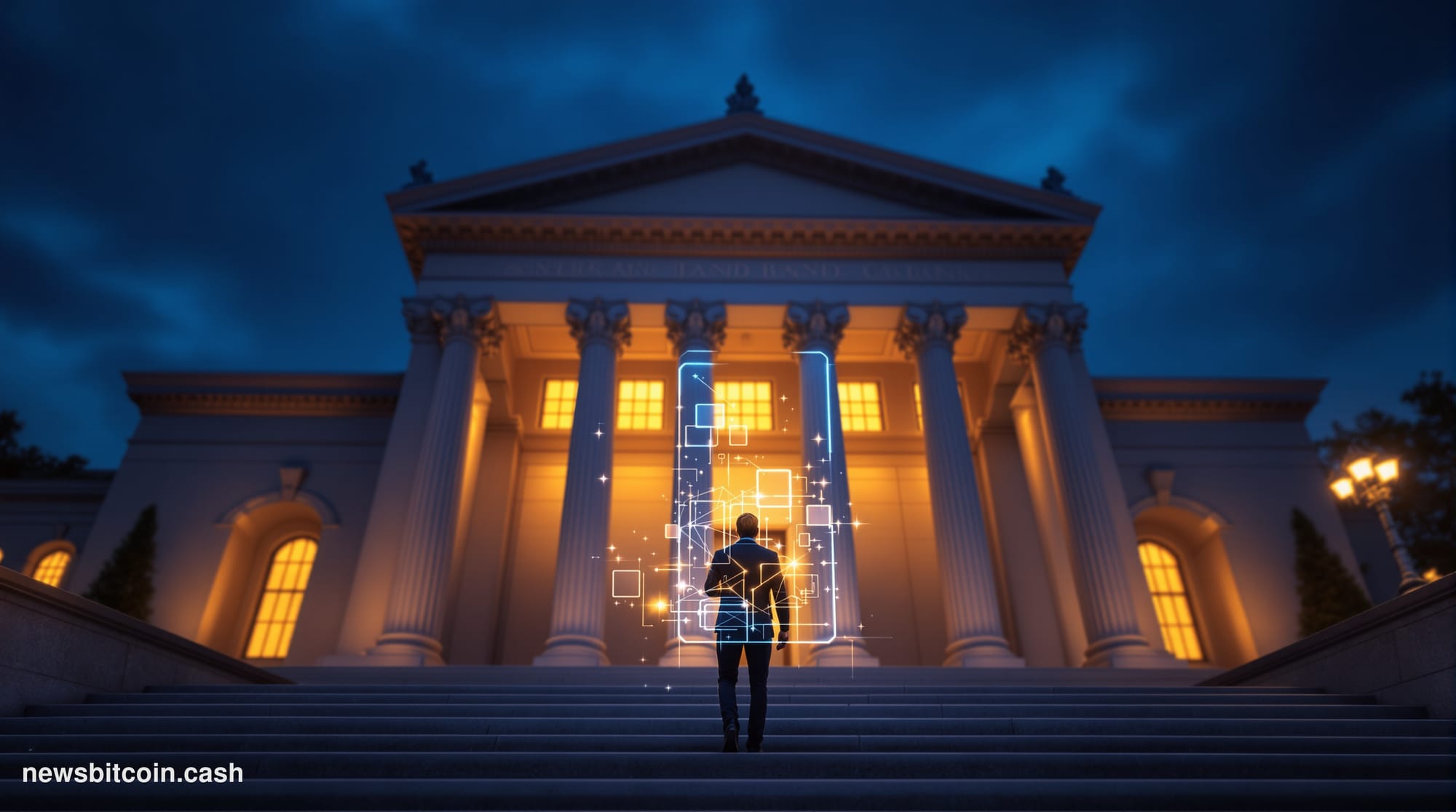 A cinematic photorealistic editorial photograph of a neoclassical American bank building facade at dusk, with warm amber ligh