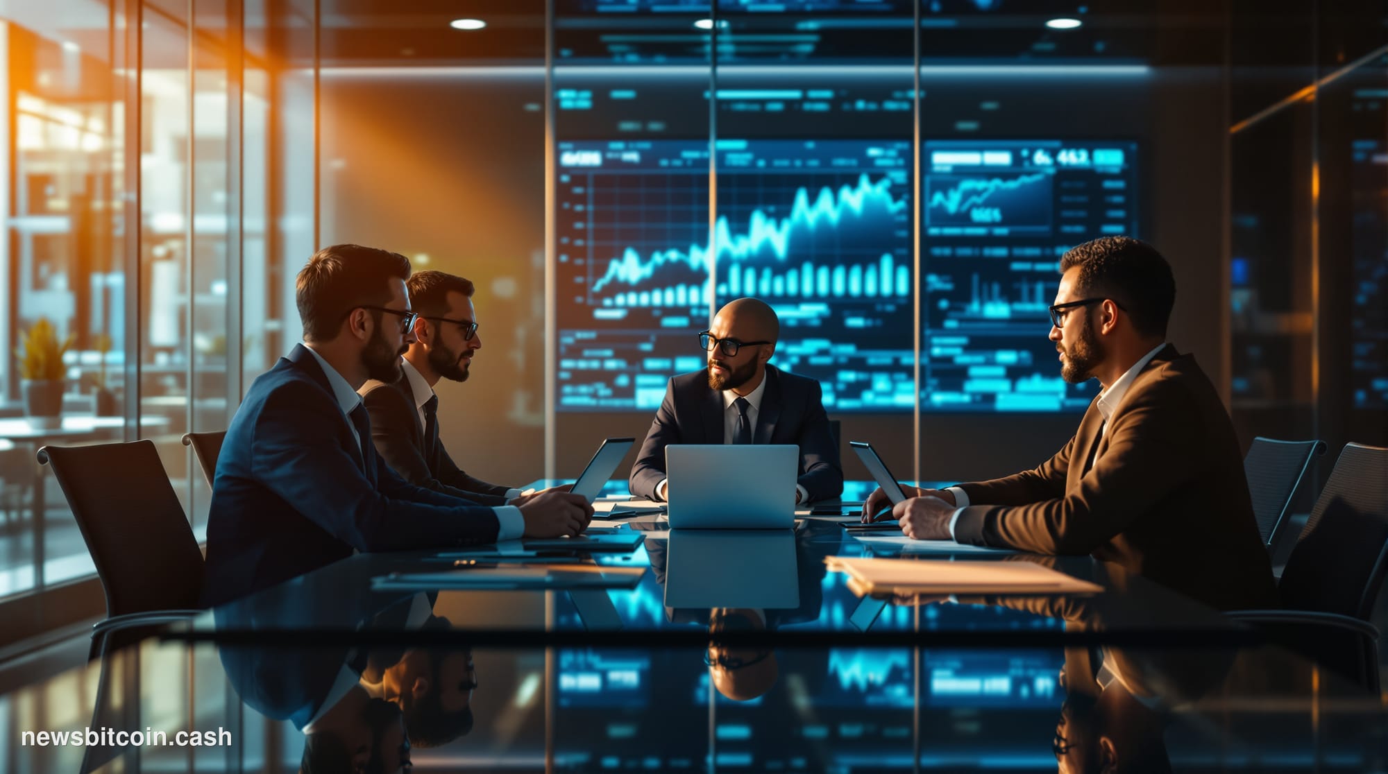 Cinematic photorealistic editorial photograph of a modern fintech company headquarters at golden hour, showing a sleek glass 