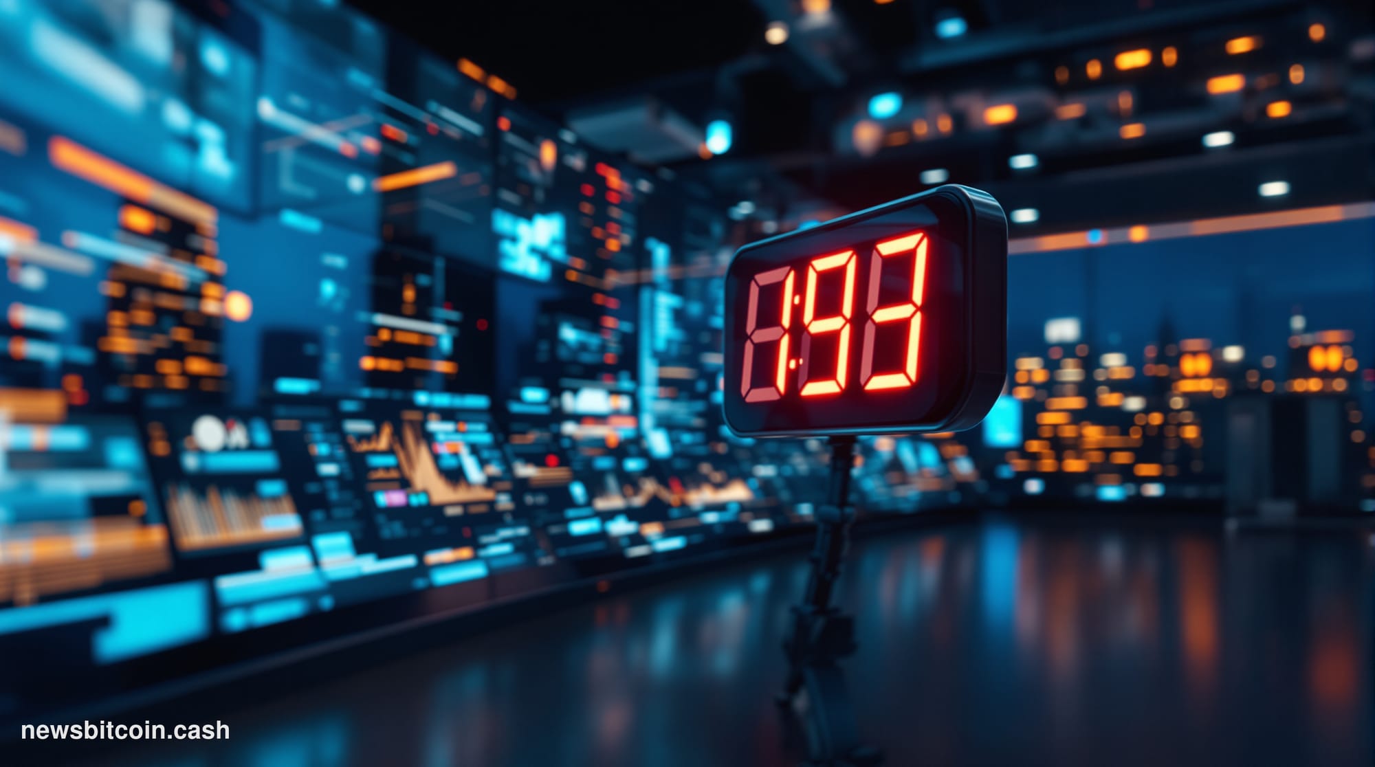 A cinematic photorealistic editorial photograph taken at a low camera angle looking up at a sleek, dimly lit trading terminal