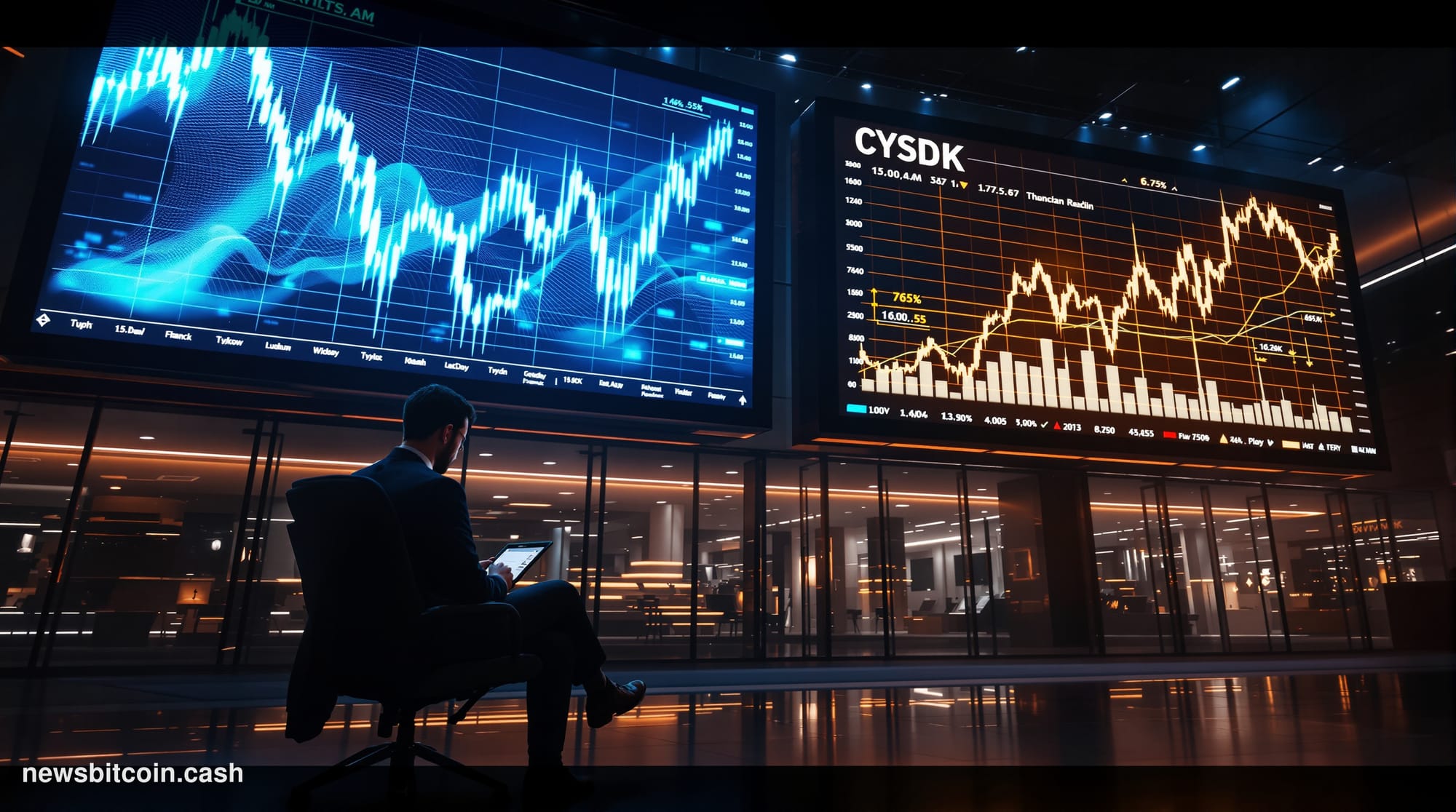 Cinematic photorealistic editorial photograph of a large financial trading floor viewed from a low angle, with two massive di