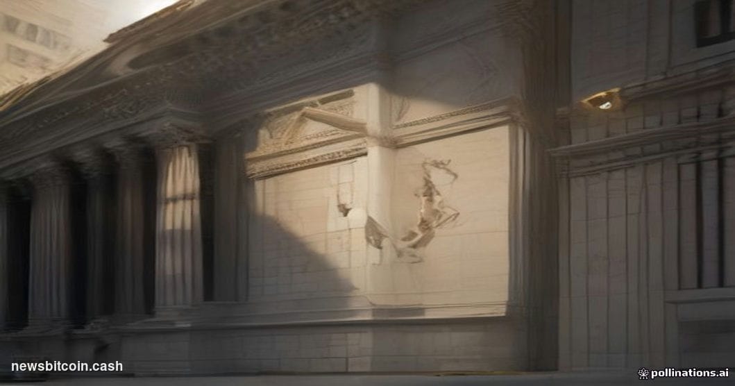 Cinematic photorealistic editorial photograph of the New York Stock Exchange's iconic neoclassical facade on Wall Street, cap