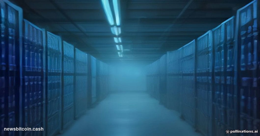 Cinematic photorealistic editorial photograph of a modern bank's server infrastructure room bathed in cool blue ambient light