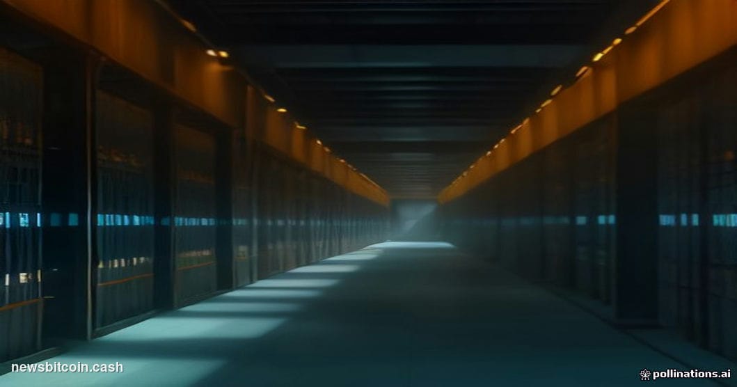 Cinematic photorealistic editorial photograph of a large-scale industrial Bitcoin mining facility interior, shot from a low a
