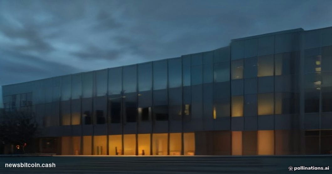 Cinematic photorealistic editorial photograph of Ripple's San Francisco headquarters building exterior at dusk, the sleek gla