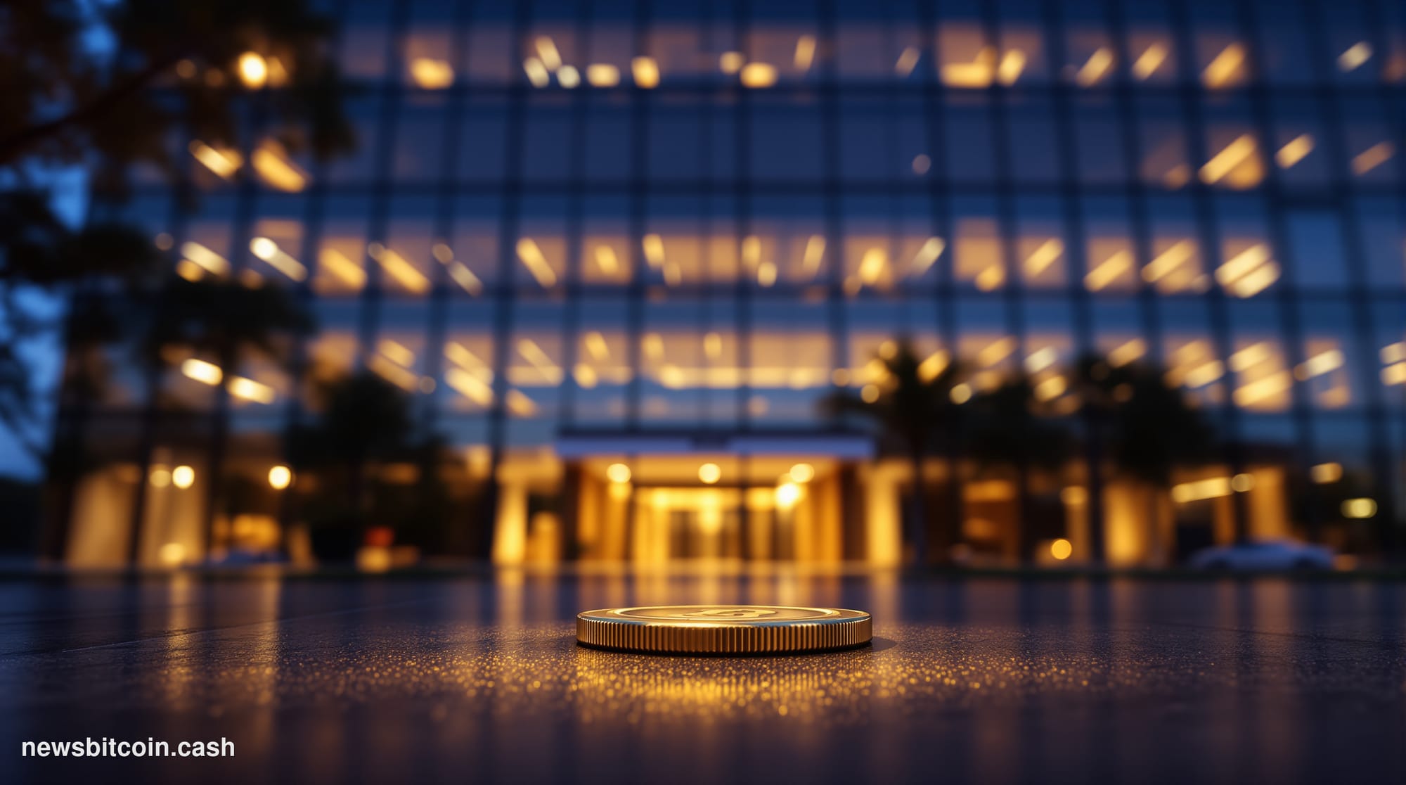Cinematic photorealistic editorial photograph of Robinhood's Menlo Park corporate headquarters exterior at dusk, the glass-an