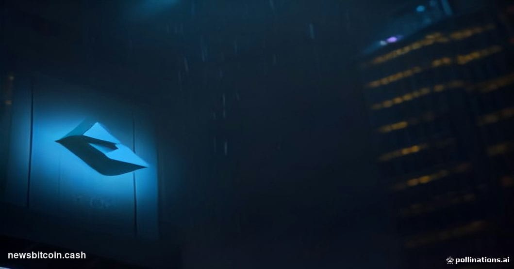 A cinematic editorial photograph shot at ground level looking up at Ethereum's iconic logo rendered as a glowing, slightly fl
