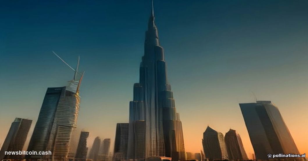 Cinematic photorealistic editorial photograph of the Dubai skyline at golden hour, with the iconic Burj Khalifa dominating th