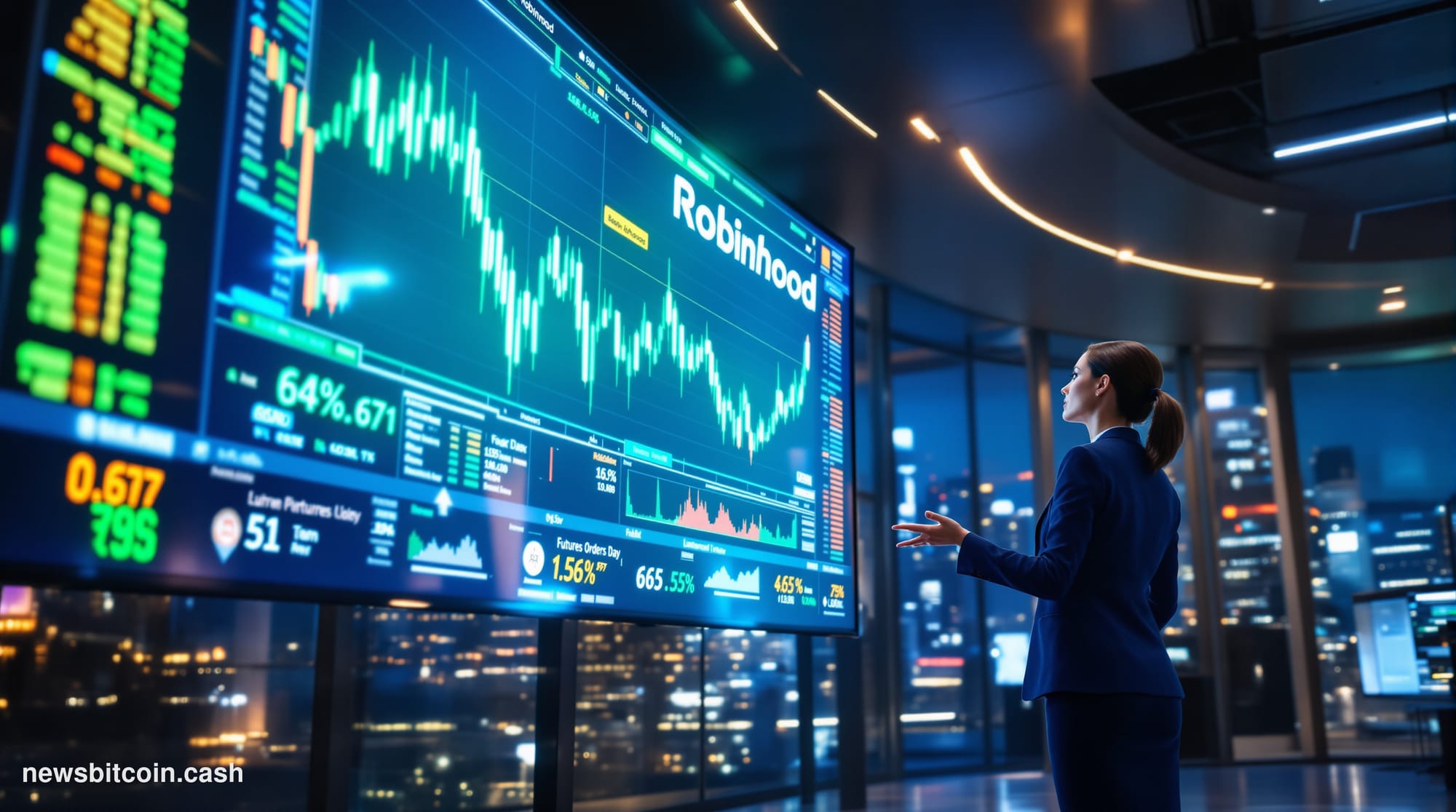 Cinematic photorealistic editorial photograph of a sleek, modern financial trading floor bathed in cool blue and amber lighti