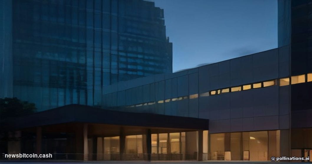 Cinematic photorealistic editorial photograph of Robinhood's Menlo Park corporate headquarters exterior at dusk, shot from a 