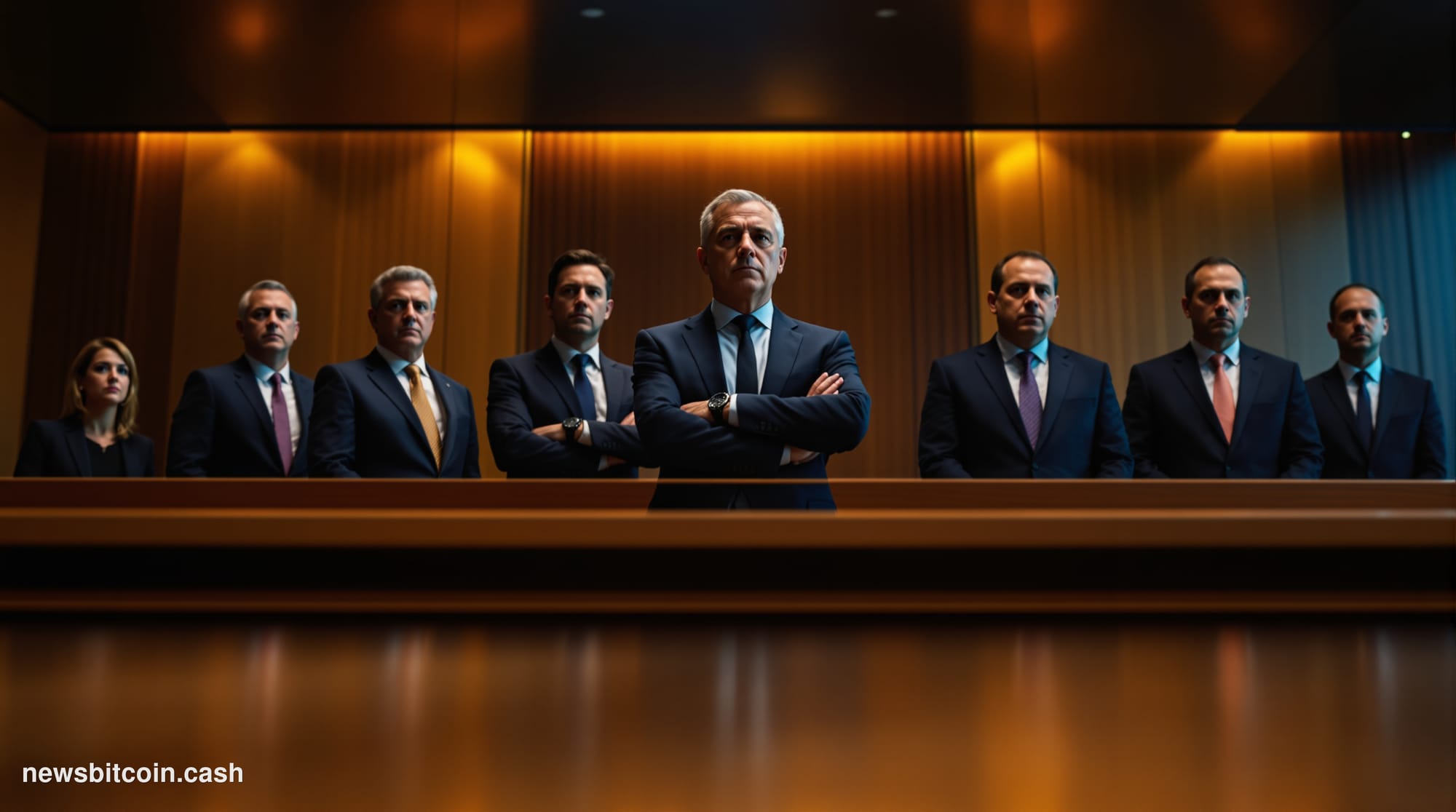 Cinematic photorealistic editorial photograph of the Rotterdam courthouse exterior in the Netherlands, shot at dusk with dram
