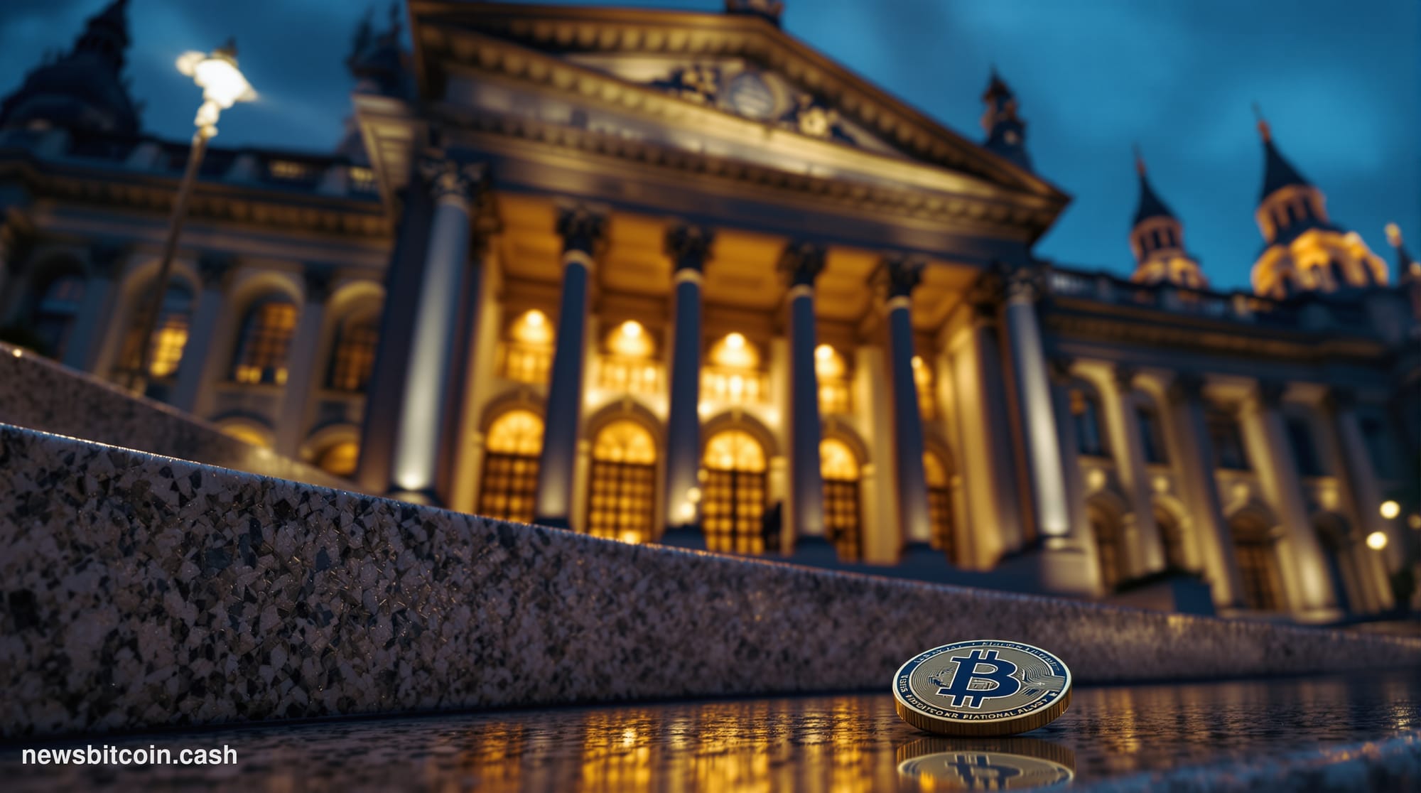 A cinematic photorealistic editorial photograph of the Bank of Russia's imposing neoclassical headquarters in Moscow, shot fr