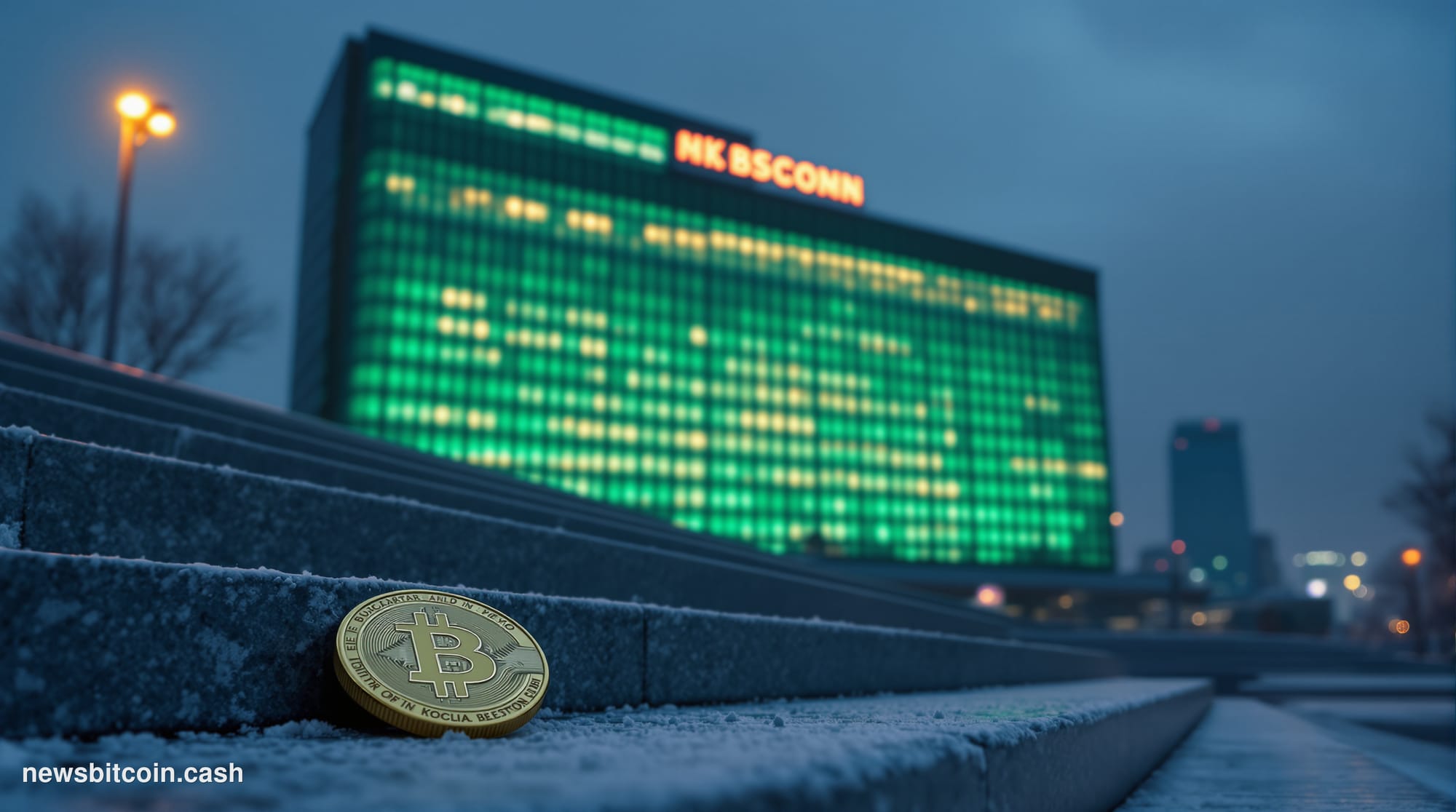 Cinematic photorealistic editorial photograph of Sberbank's iconic green-branded Moscow headquarters at dusk, shot from a low