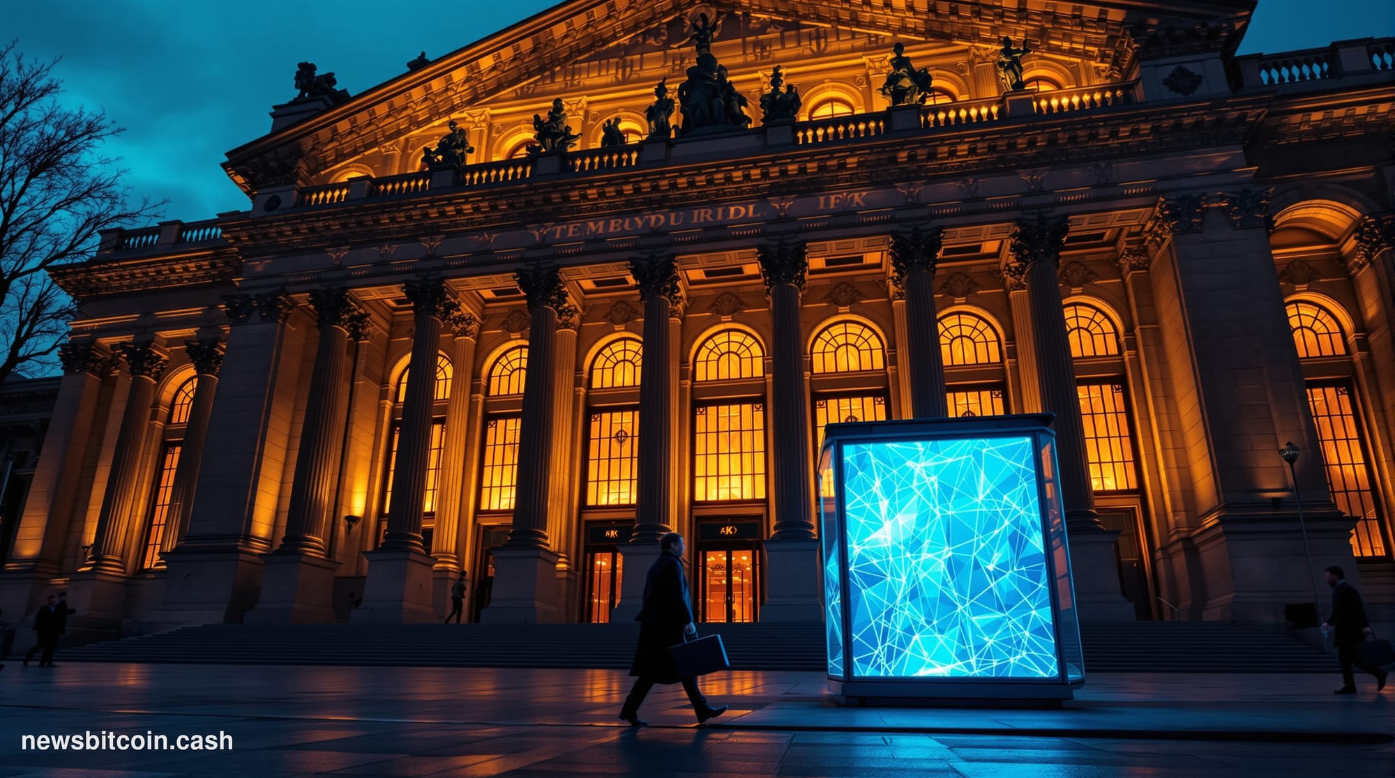 Cinematic photorealistic editorial photograph of the Russian Finance Ministry building in Moscow, shot at dusk with dramatic 