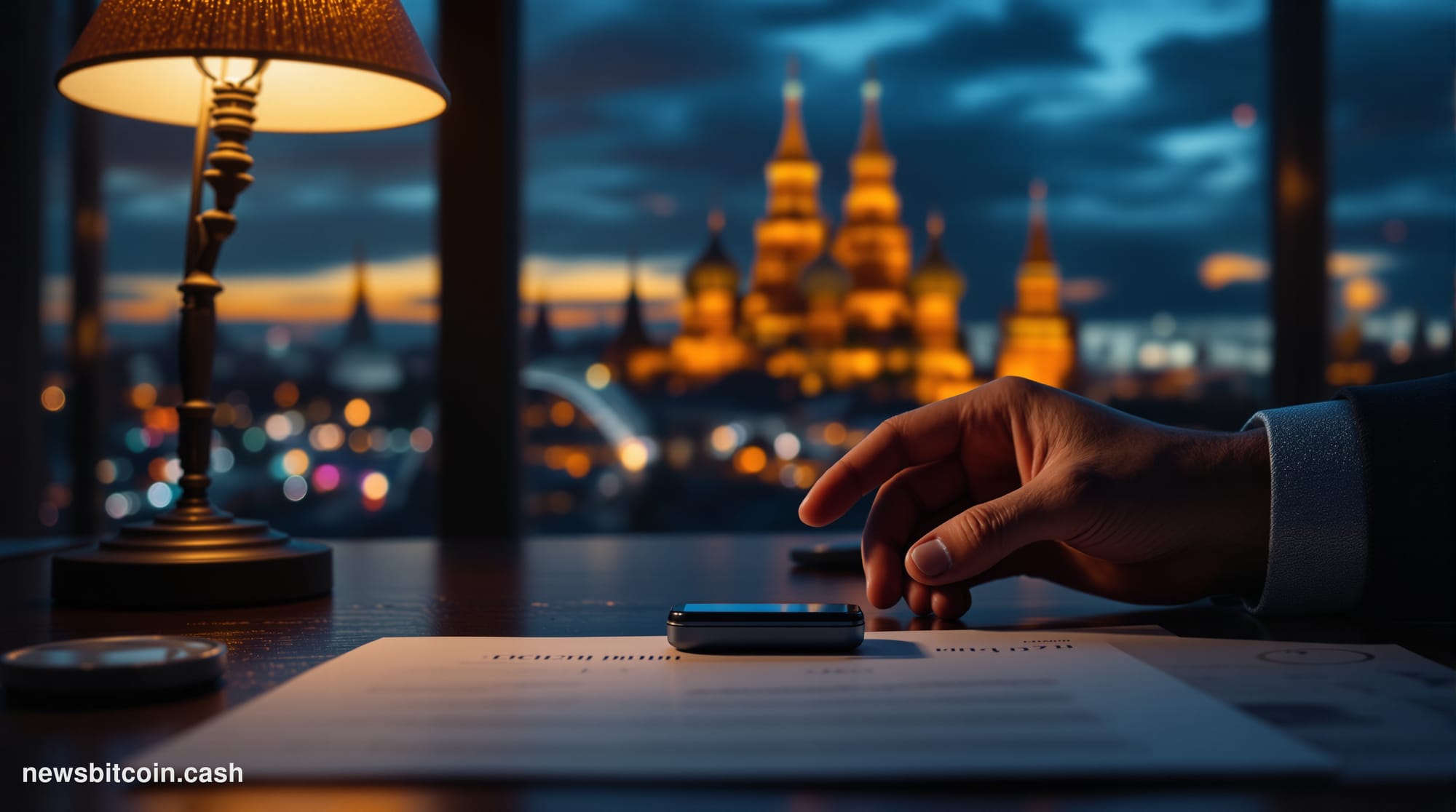 Cinematic photorealistic editorial photograph of Moscow's financial district at dusk, with the illuminated spires of the Krem