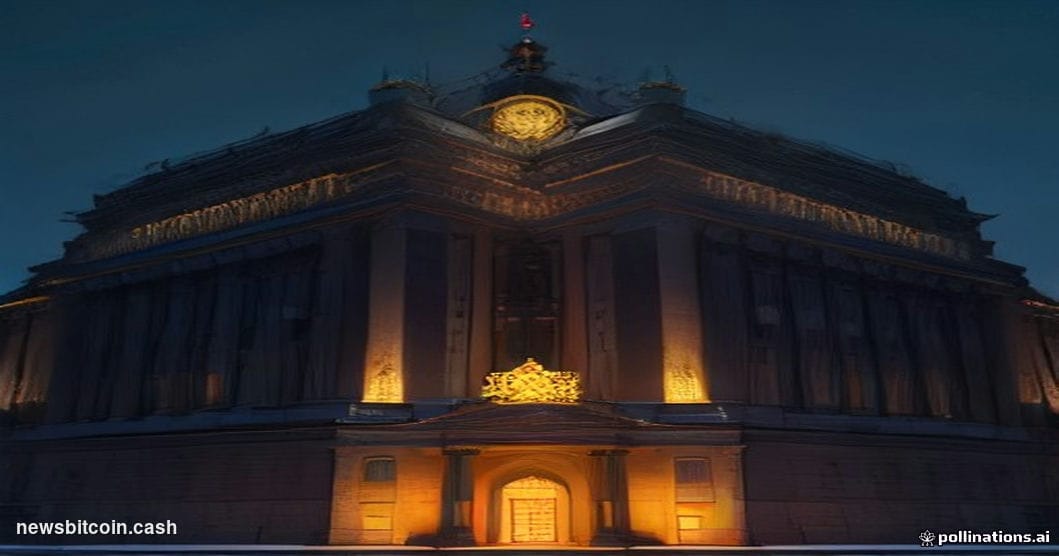 Cinematic photorealistic editorial photograph of the Bank of Russia's imposing neoclassical headquarters in Moscow, shot from