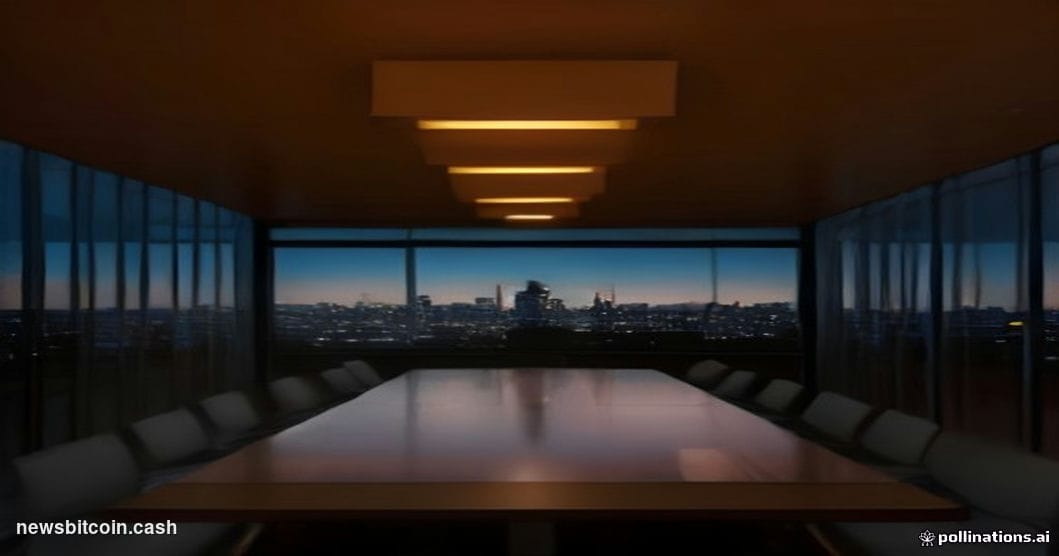 Cinematic photorealistic editorial photograph of a modern corporate boardroom, shot from a low angle looking up at floor-to-c