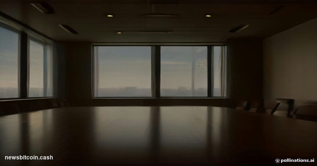 A cinematic photorealistic editorial photograph set inside a dimly lit corporate boardroom, shot from a low angle looking up 