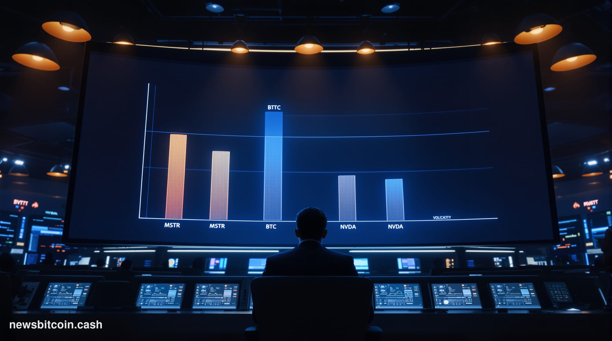 A cinematic photorealistic editorial photograph set inside a dimly lit financial trading floor at night, with large curved mo