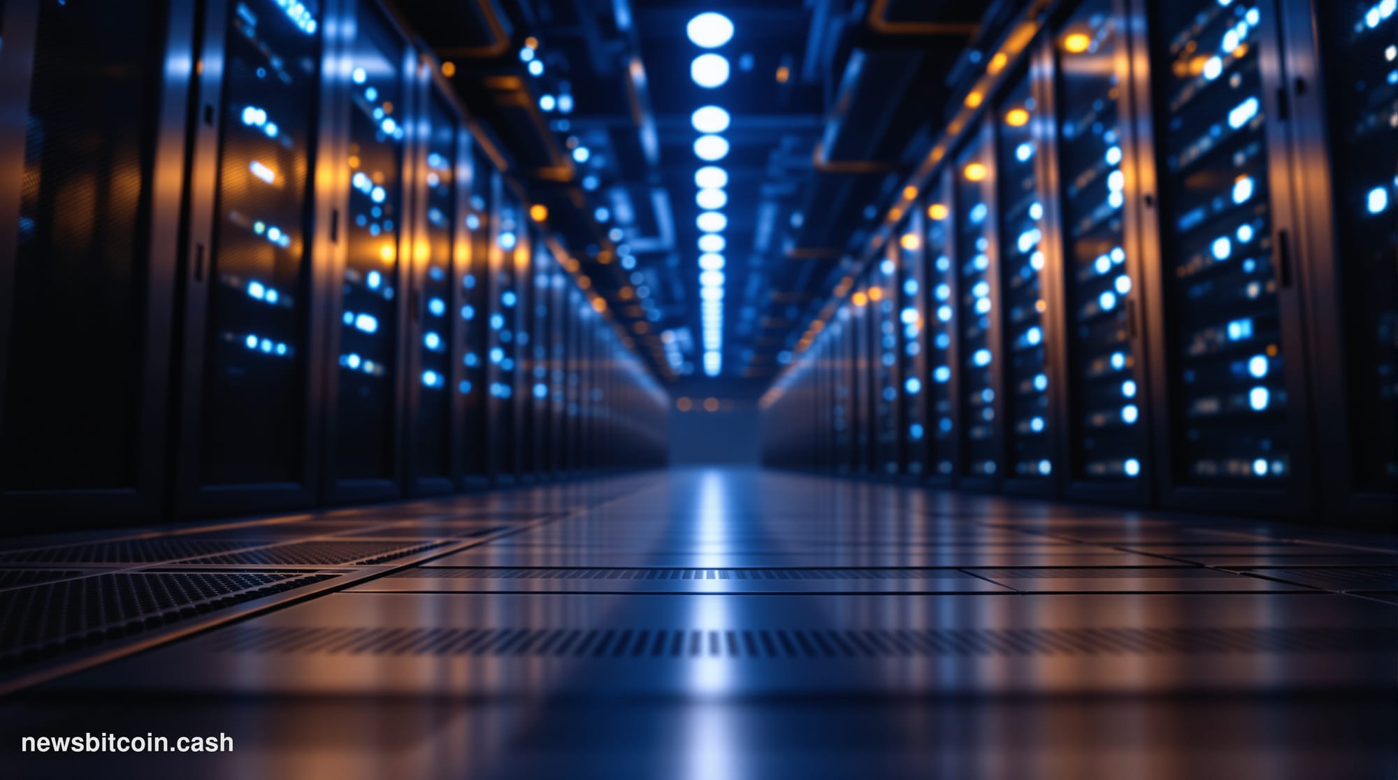 A cinematic photorealistic editorial photograph of a large-scale Bitcoin mining facility interior, shot from a low angle look