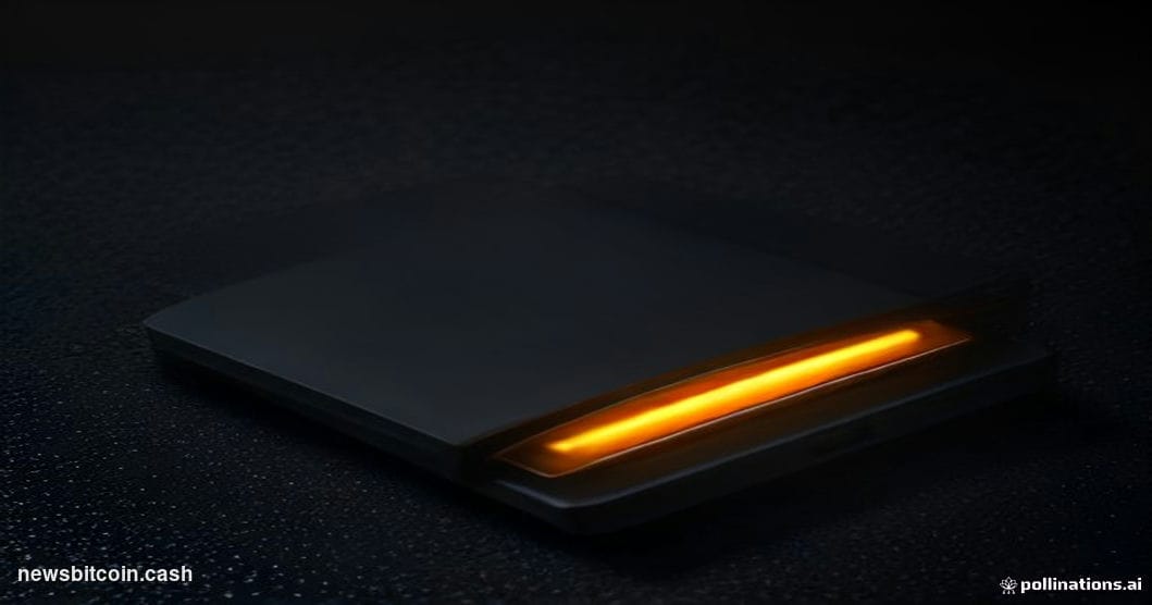 Cinematic photorealistic editorial photograph of a Ledger hardware wallet device — matte black, compact, with a small screen 
