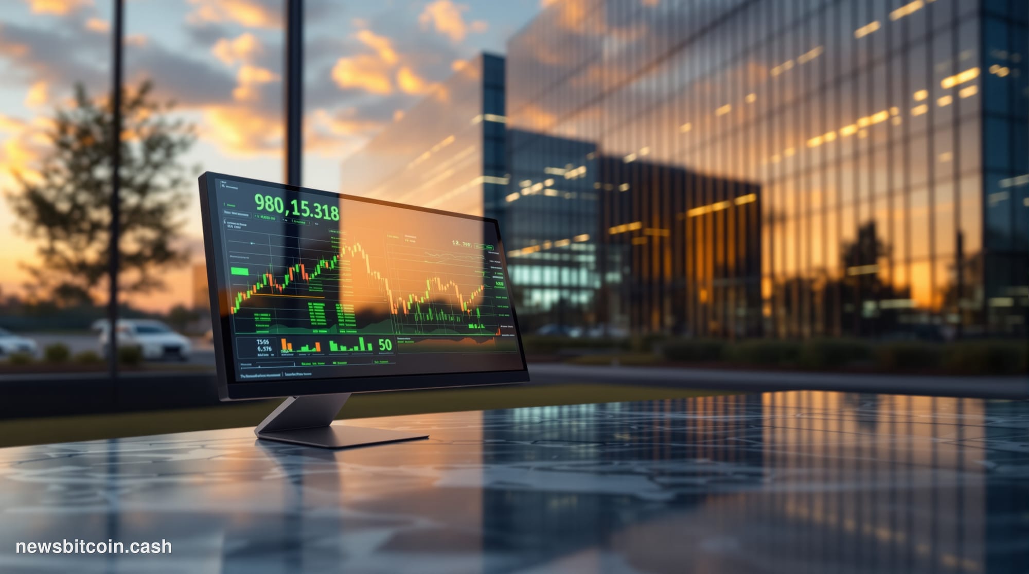 Cinematic photorealistic editorial photograph of the Charles Schwab corporate headquarters building in Westlake, Texas — a sw