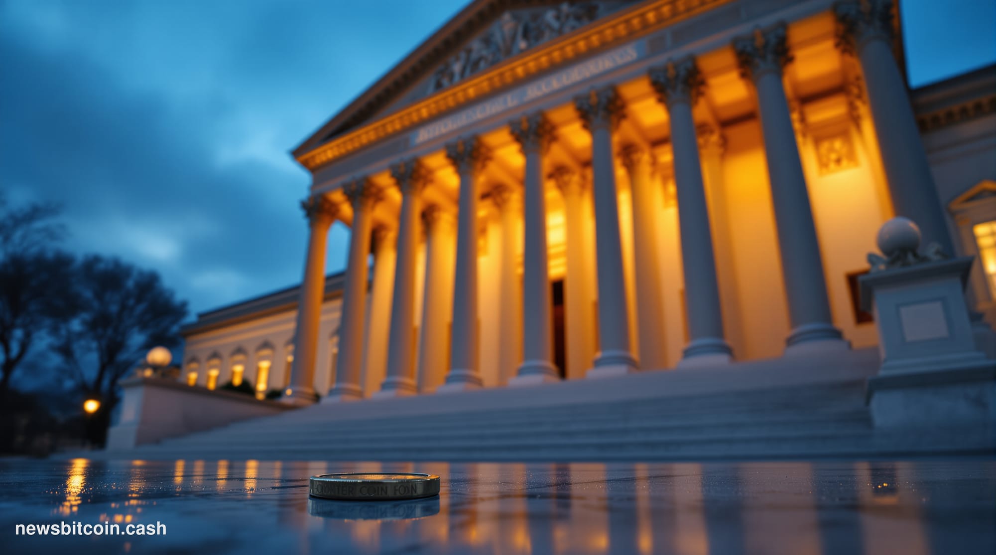 A cinematic photorealistic editorial photograph of the SEC headquarters building in Washington D.C. — the neoclassical facade