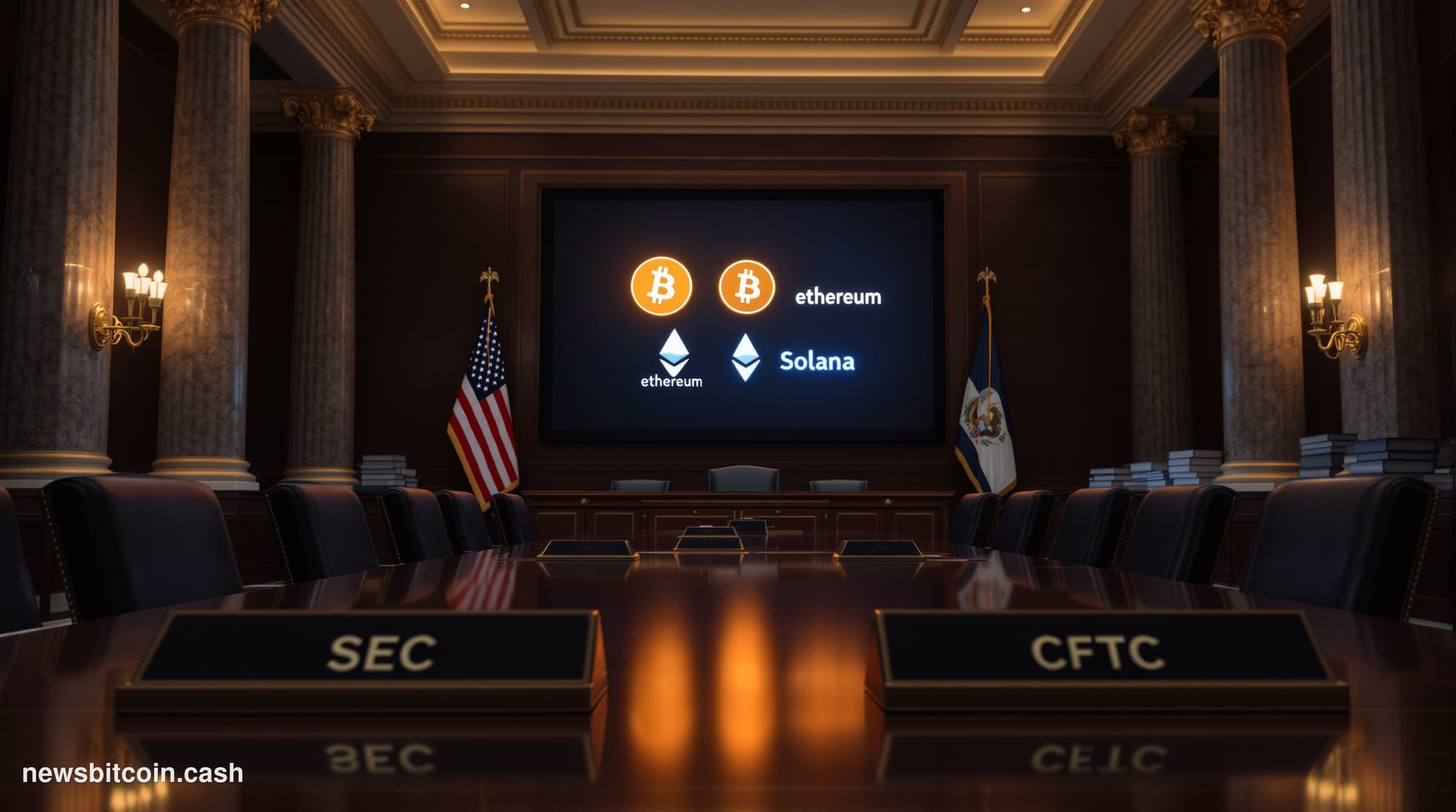 A cinematic photorealistic editorial photograph set inside a grand, marble-columned U.S. federal government hearing room, dra