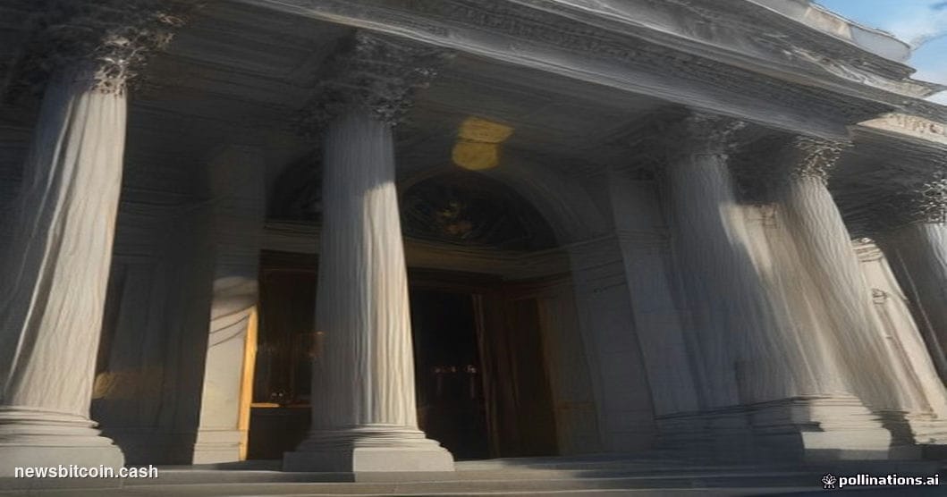 A cinematic photorealistic editorial photograph of the SEC headquarters building in Washington D.C., the neoclassical facade 