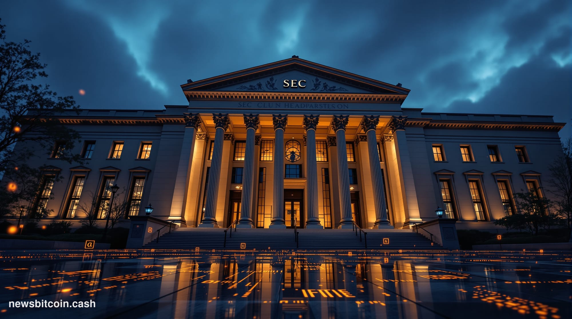 Cinematic photorealistic editorial photograph of the SEC headquarters building in Washington D.C., shot at dusk with dramatic
