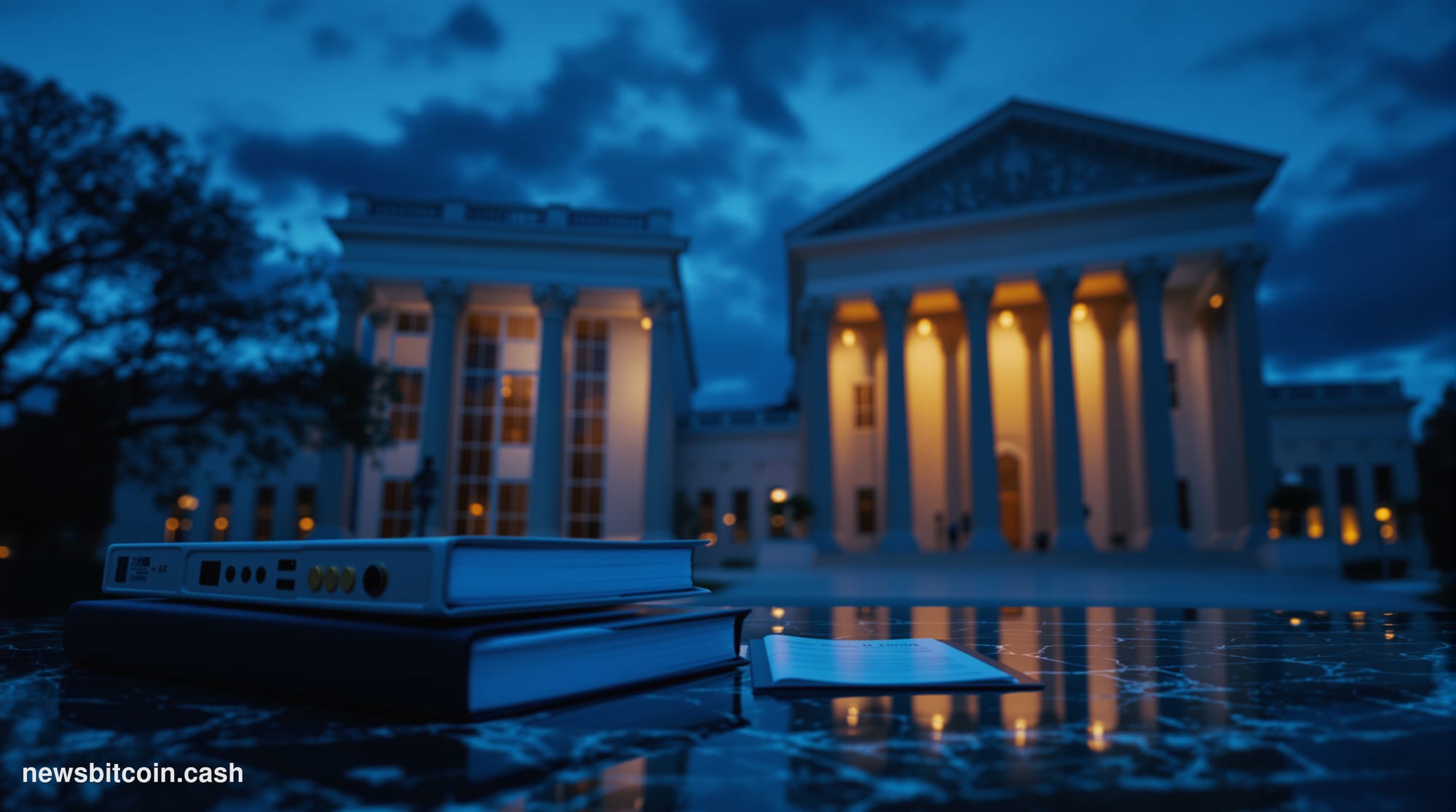 Cinematic photorealistic editorial photograph of the SEC headquarters building in Washington D.C. — the iconic neoclassical f