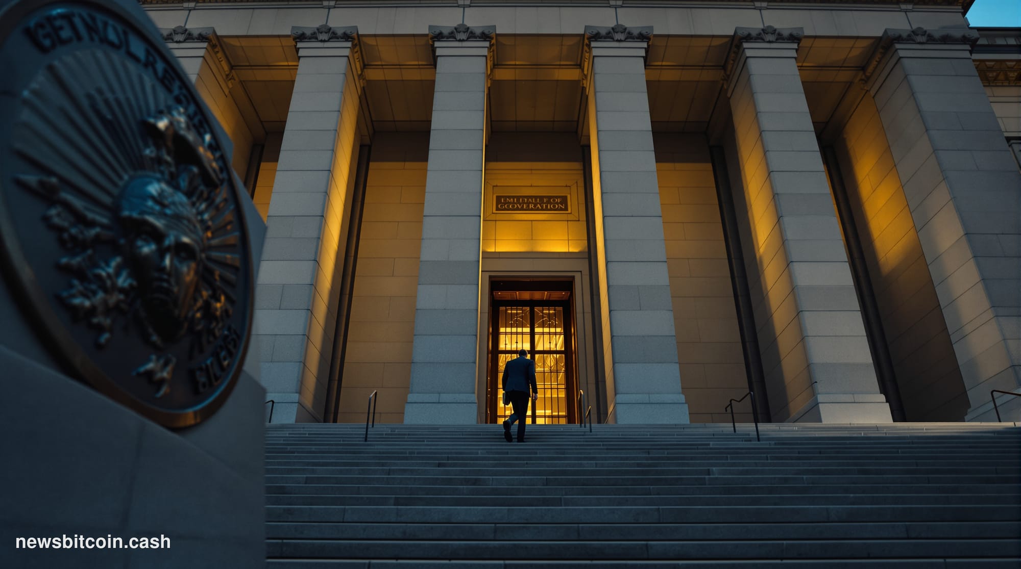 A cinematic photorealistic editorial photograph of the SEC headquarters building in Washington D.C. — the brutalist stone fac