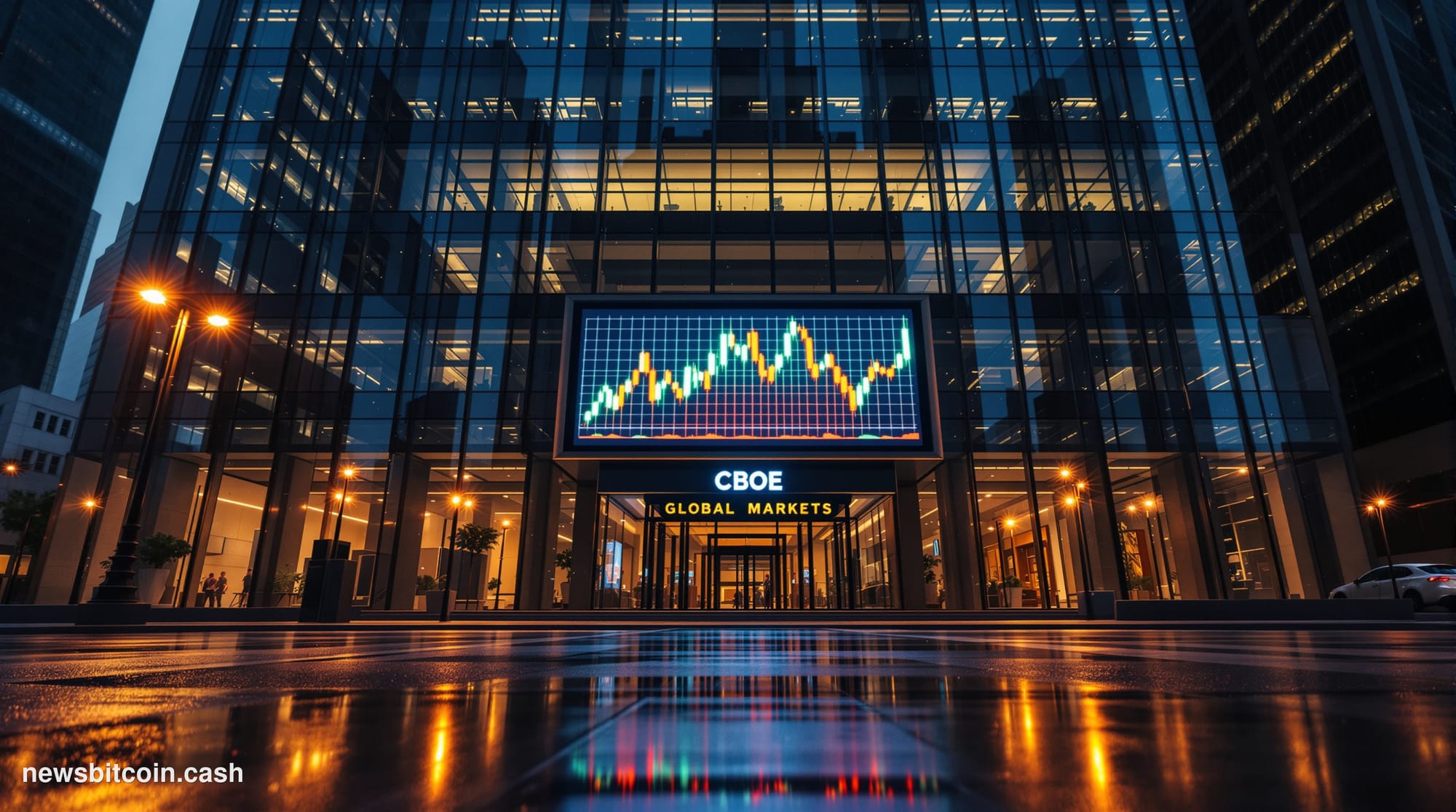 Cinematic photorealistic editorial photograph of the Cboe Global Markets headquarters building in Chicago's financial distric