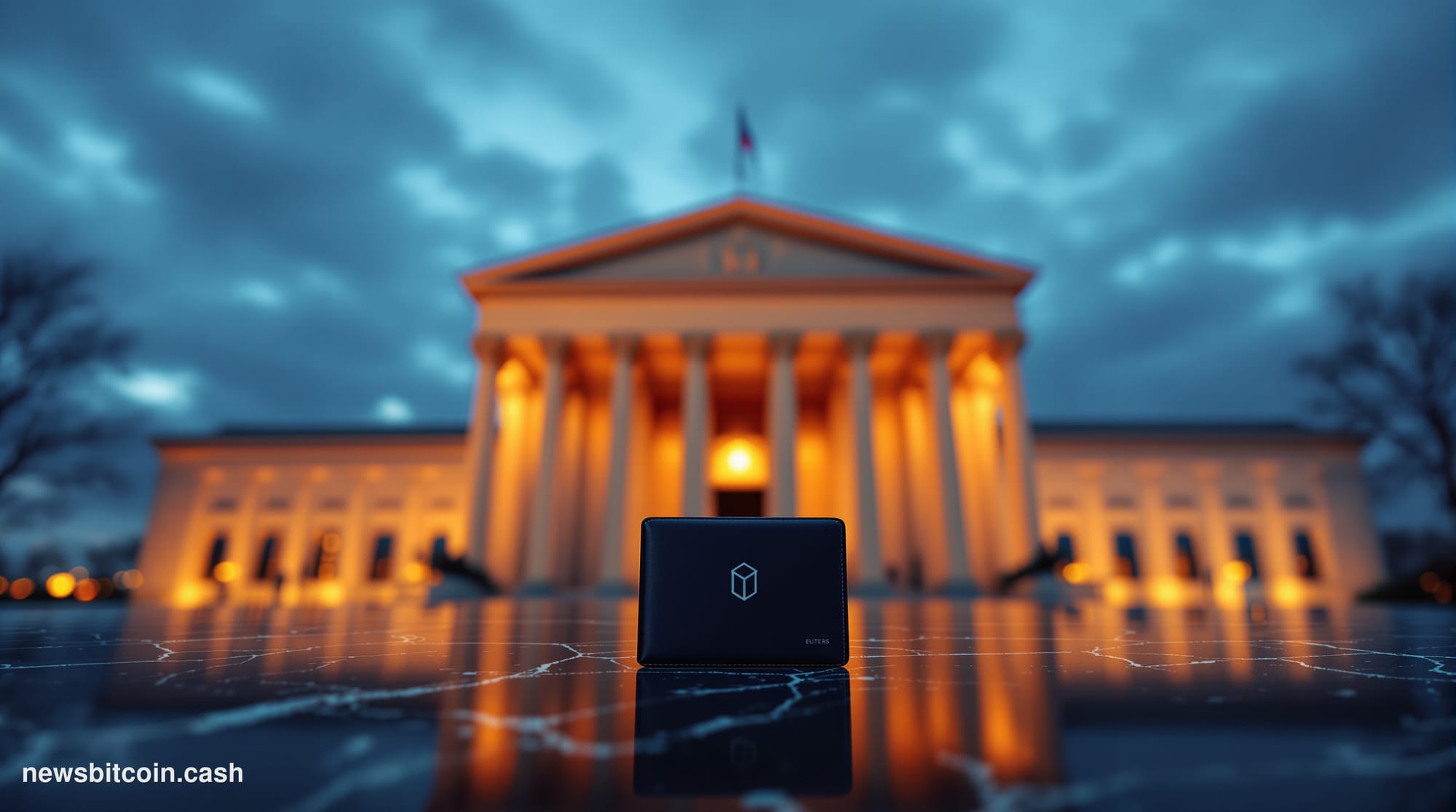 A cinematic photorealistic editorial photograph of the SEC headquarters building in Washington D.C., shot from a low angle at