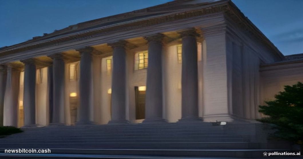 A cinematic photorealistic editorial photograph of the SEC headquarters building in Washington D.C., shot at dusk from a low 