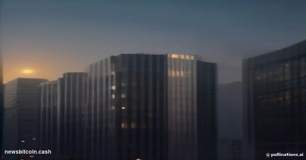 Cinematic photorealistic editorial photograph of a dramatic low-angle shot of a US federal building facade at dusk, with warm