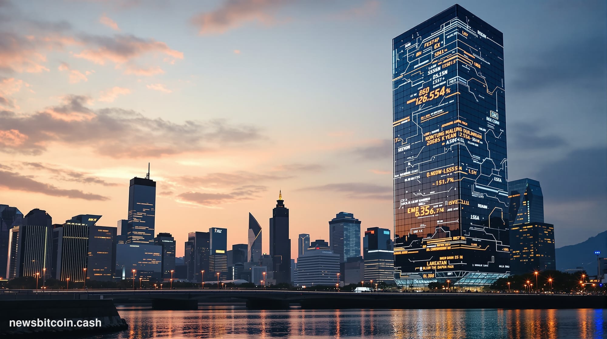 Cinematic photorealistic editorial photograph of the Seoul financial district skyline at dusk, with the Han River visible in 