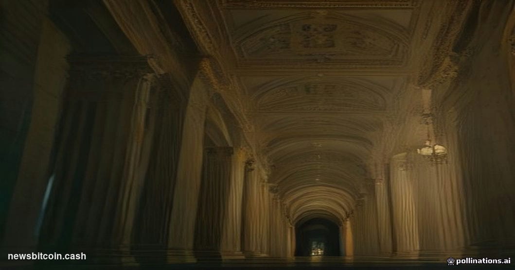 Cinematic photorealistic editorial photograph of the United States Senate chamber corridor in Washington D.C., shot from a lo