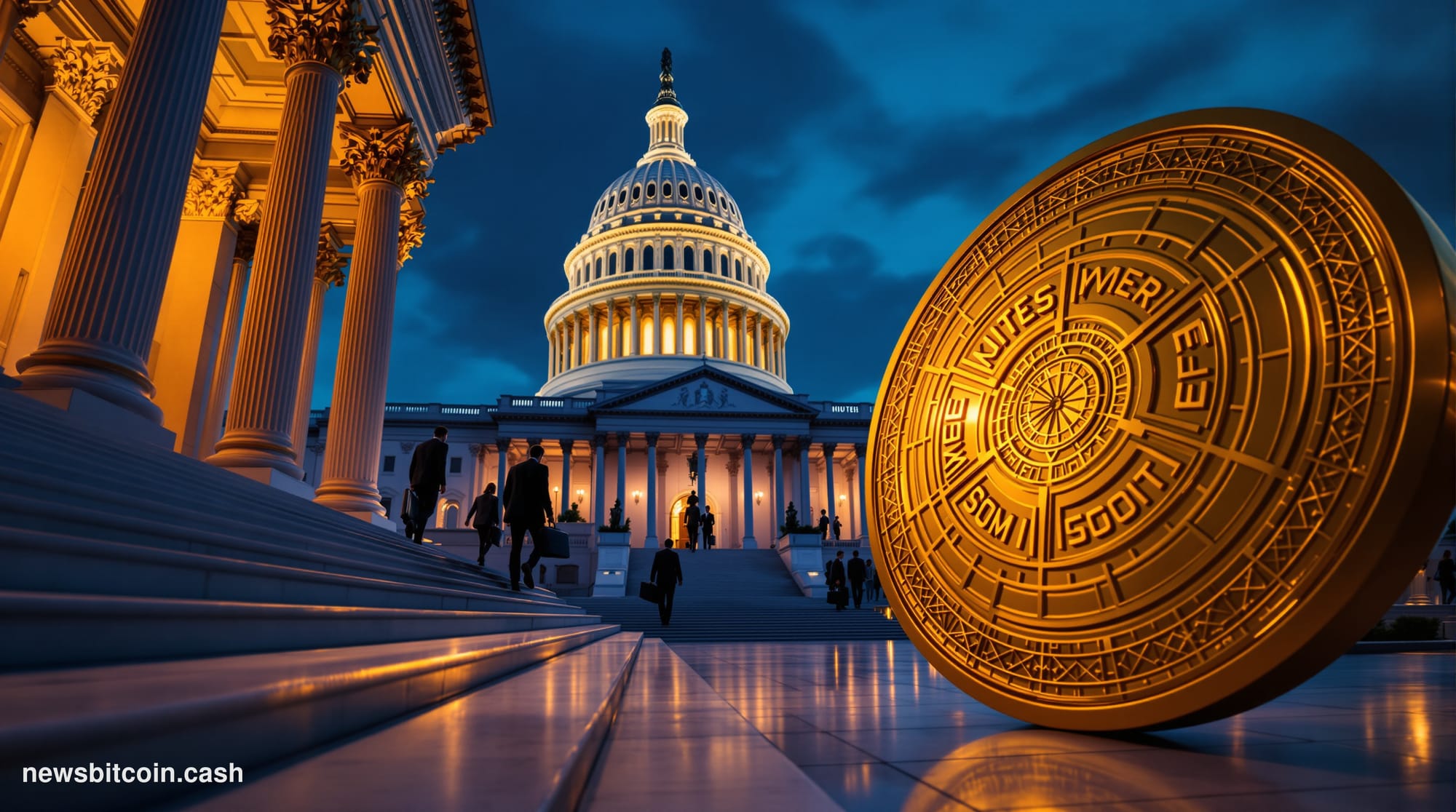 Cinematic photorealistic editorial photograph of the United States Senate chamber exterior at dusk, the iconic Capitol dome i