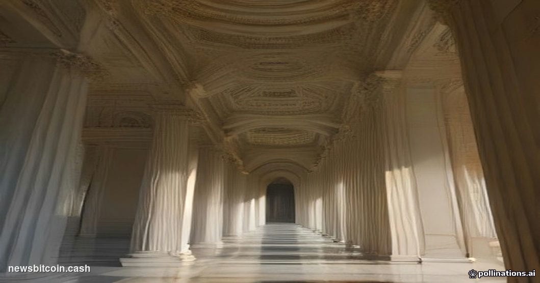 Cinematic photorealistic editorial photograph shot from a low angle looking up at the grand neoclassical marble columns of th