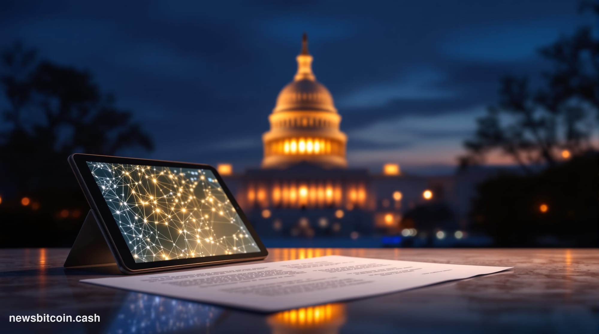 Cinematic photorealistic editorial photograph of the United States Capitol building at dusk, shot from a low angle with the d