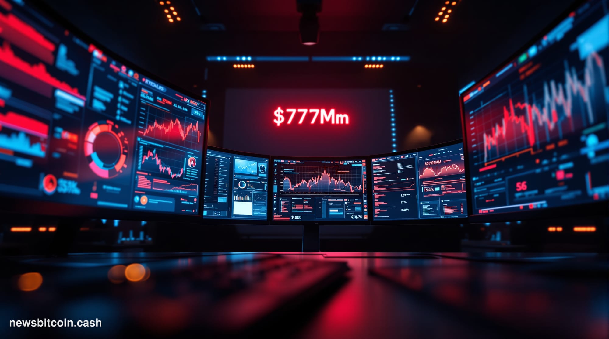 Cinematic photorealistic editorial photograph of a dimly lit cybersecurity operations center, shot from a low angle looking u